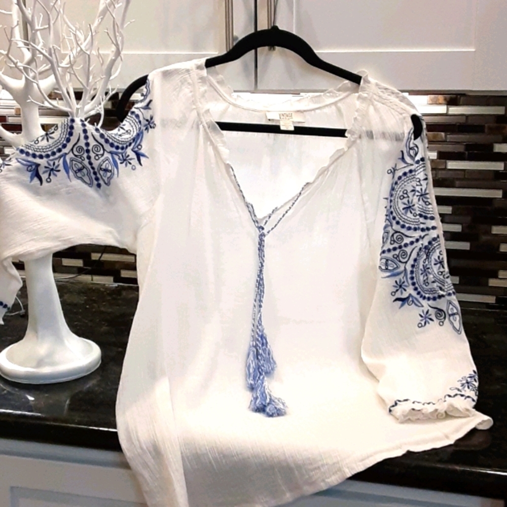 Vintage America Embroidered Crinkle Cotton Blouse